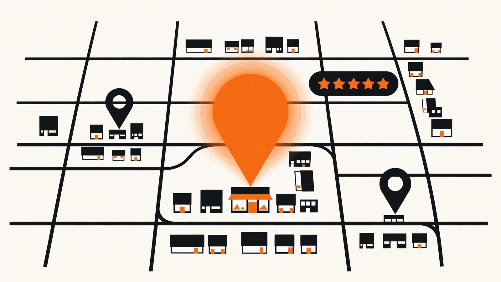 City map with a glowing location pin above a small business